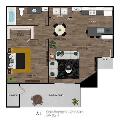 Floor plan for 1 bed, 1 bath, 597 sqft